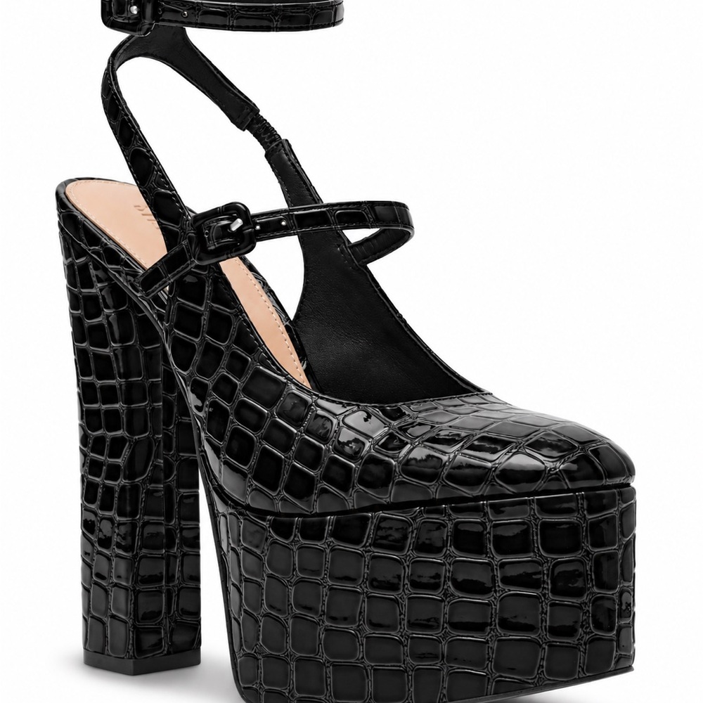 Steve Madden Scotlyn Black Croc-Embossed Platform Mary Janes